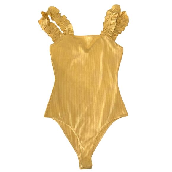 Le Lis Flounced Ruffle Strap Ribbed Mustard Yellow Bodysuit Size Small - Picture 3 of 8